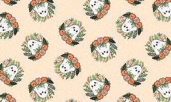 Cute ghost and autumn leaves pattern in pastel colors vector