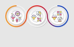 User collaborative filtering types infographics circles sequence. Data organization, control. Visualization layout with 3 steps. Info chart loop process presentation vector