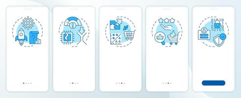 Recommendation system issues blue onboarding mobile app screen. Walkthrough 5 steps editable graphic instructions with linear concepts. UI, UX, GUI template vector