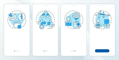 Recommender systems metrics blue onboarding mobile app screen. Walkthrough 4 steps editable graphic instructions with linear concepts. UI, UX, GUI template vector