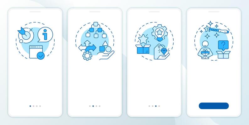 Recommender systems metrics blue onboarding mobile app screen. Walkthrough 4 steps editable graphic instructions with linear concepts. UI, UX, GUI template