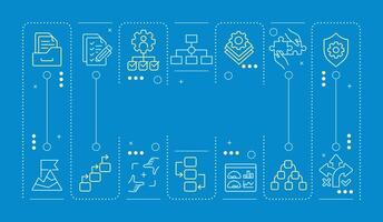 SOP blue word concept. Efficiency metrics, statistics. Regulatory compliance, guidance. Horizontal image. Headline text surrounded by editable outline icons vector