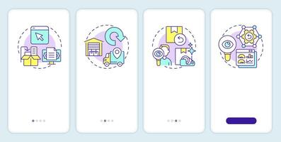 Stages of reverse logistics onboarding mobile app screen. Walkthrough 4 steps editable graphic instructions with linear concepts. UI, UX, GUI template vector