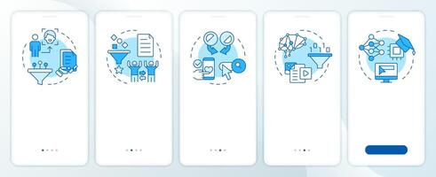 Recommendation systems types blue onboarding mobile app screen. Walkthrough 5 steps editable graphic instructions with linear concepts. UI, UX, GUI template vector