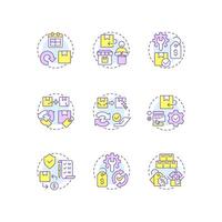 Reverse logistics multi color concept icons. Reselling. Product repair. Return management. Circular economy. Quality control. Icon pack. Round shape illustrations. Abstract idea vector