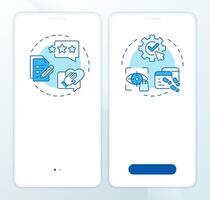 User feedback types blue onboarding mobile app screen. Walkthrough 2 steps editable graphic instructions with linear concepts. UI, UX, GUI template vector