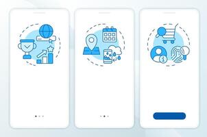 Recommendation methodologies blue onboarding mobile app screen. Walkthrough 3 steps editable graphic instructions with linear concepts. UI, UX, GUI template vector