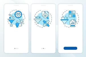 Collaborative filtering types blue onboarding mobile app screen. Walkthrough 3 steps editable graphic instructions with linear concepts. UI, UX, GUI template vector