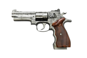 High-quality image of a metal revolver with a wooden grip, showcasing details of the handgun for use in various visual projects. png