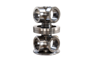 3D rendering of a stainless steel cross fitting with a black background png
