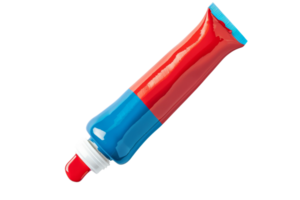 Colorful toothpaste tube with red and blue sections, isolated on transparent background. Perfect for dental and hygiene-related content. png