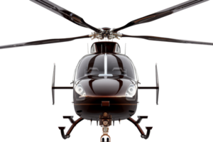 Front view of a sleek black helicopter isolated on a transparent background. showcasing its rotors and modern design, ready for flight. png