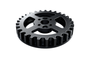 High-quality 3D rendering of a black metal gear on a transparent background. Perfect for industrial, mechanical, and engineering designs. png