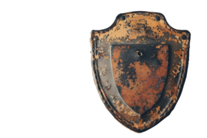 A rusty metal shield with a hole in the center. The shield is mounted on a black background. png