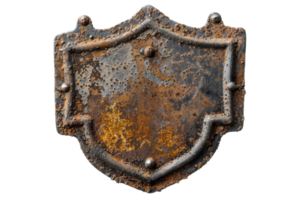 A rusty metal shield with rivets on a transparent background. png