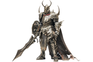 A powerful armored warrior in intricate armor wielding a large sword and shield, ready for battle against the forces of evil. png