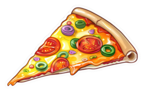 A slice of pizza with various toppings such as cheese, pepperoni, onions, tomatoes, olives, and peppers. png