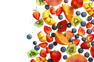 A colorful assortment of sliced fruits including strawberries, oranges, kiwi, blueberries, and mangoes on a transparent background. png