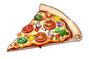 A slice of pizza with various toppings such as tomatoes, peppers, onions, basil, and cheese. png