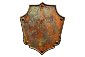 A metal shield with rivets. The shield is rusty and has a dark background. png