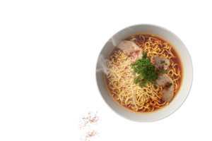 Aerial view of delicious ramen bowl with noodles, slices of meat, and fresh herbs in a flavorful broth, ready to eat. png