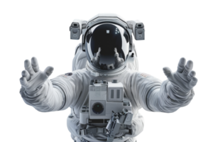 Astronaut in full space suit with arms extended, depicting space exploration and adventure. Isolated on transparent background. png