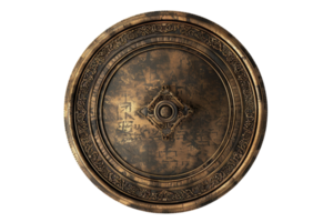 Ancient bronze shield with intricate patterns and tarnished surface, representing historical craftsmanship and medieval warfare. png