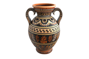 Beautiful ancient Greek vase with intricate patterns and two handles, perfect for historical and cultural design projects. png