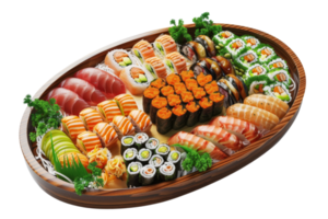 Assorted sushi platter with various types of sushi including nigiri, maki, and sashimi beautifully arranged on a wooden plate. png