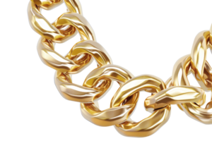Close-up of a luxurious gold chain with interlocking links, showcasing intricate design and opulent elegance on a transparent background. png