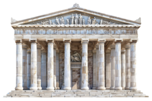 Classical Greek temple facade with iconic columns and detailed pediment, isolated on a transparent background. png