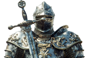 avvicinamento di un' medievale cavaliere nel ornato armatura, Tenere un' spada. il cavaliere è indossare un' decorato casco e completo da uomo di armatura. png