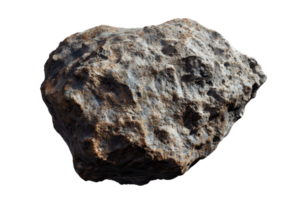Closeup of a rough, weathered rock with uneven texture and natural coloring isolated on a transparent background. png
