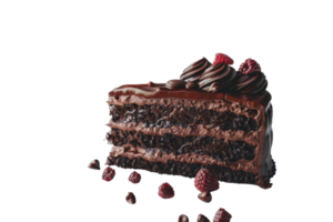 Decadent slice of rich chocolate cake layered with creamy frosting and garnished with fresh raspberries, perfect for dessert imagery. png