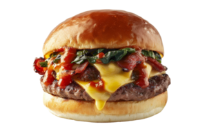 Close-up of a delicious cheeseburger with melted cheese, fresh spinach, and caramelized onions on a toasted bun. png