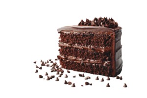 Decadent slice of chocolate cake with rich frosting, perfect for dessert lovers and special occasions. Surrounded by chocolate chips. png