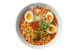 Delicious steaming bowl of spicy ramen noodles topped with soft-boiled eggs, green onions, and seaweed for a flavorful meal. png