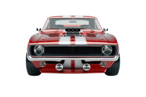 Front view of a red classic muscle car with white racing stripes, powerful engine, and chrome details, isolated on transparent background. png