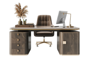 Elegant office desk setup with computer, office chair, and bookshelf, adorned with natural decor elements and stylish wooden finish. png