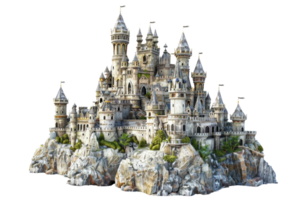 Enchanting medieval castle perched on rocky landscape, featuring turrets and towers, isolated on transparent background. png