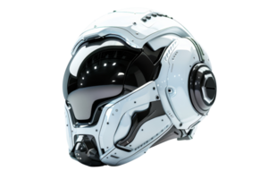 Futuristic white helmet with sleek design, black visor, and modern technology. Perfect for sci-fi settings, virtual reality, and cosplay enthusiasts. png