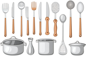un conjunto de cocina utensilios allí son dos ollas, un colador, un ranurado cuchara, un cucharón, un tenedor, un cuchillo, y un cuchara. png