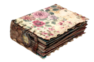 A photo of a vintage book with a floral pattern on the cover. The book is closed and has a leather strap wrapped around it. png