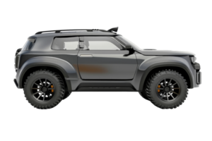 Isolated, side view of a modern, black, off-road SUV with rugged tires and a compact design on a transparent background. png