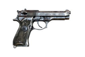 High-resolution image of a vintage automatic pistol, showcasing the intricate details and wear of the firearm, isolated on transparent background. png