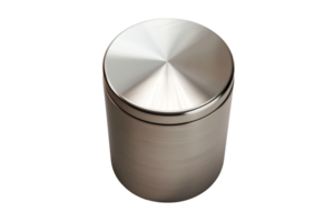 Metallic cylindrical container with a reflective surface and a sleek design, perfect for storage or decoration purposes. png