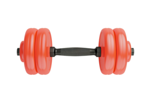 red dumbbell with a black handle for weight training and fitness, isolated on a transparent background. suitable for gym and workout concepts. png