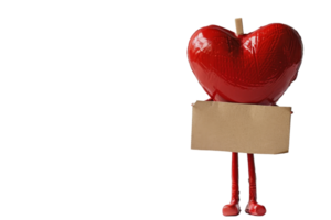 Red heart-shaped character holding a blank sign with copy space on a transparent background. perfect for love or Valentine's Day themed designs. png