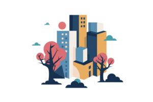 beautiful cityscape with skyscrapers, trees, and a river. The sky is blue with a few clouds. The city looks modern and prosperous. png