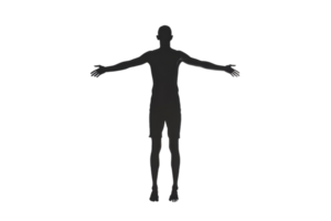 black outline of a person standing with their arms outstretched. The figure is surrounded by a grid of colored dots. png
